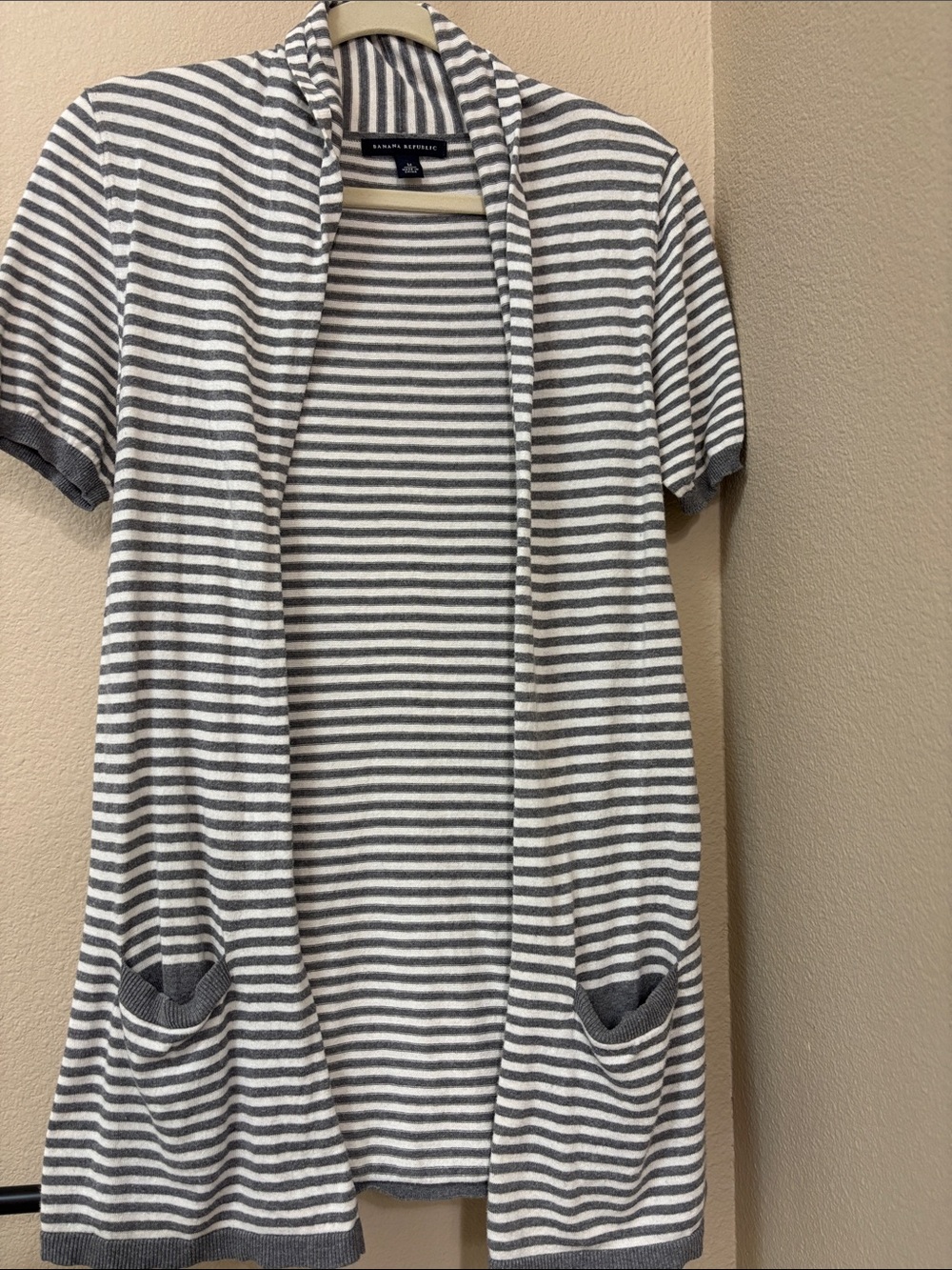 Banana Republic Gray and White Striped Short Sleeve Cardigan